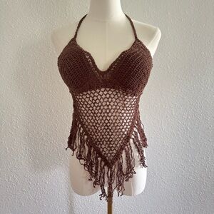 Sans Souci Brown Crochet Halter Top Boho Fringed Festival Padded Large indie